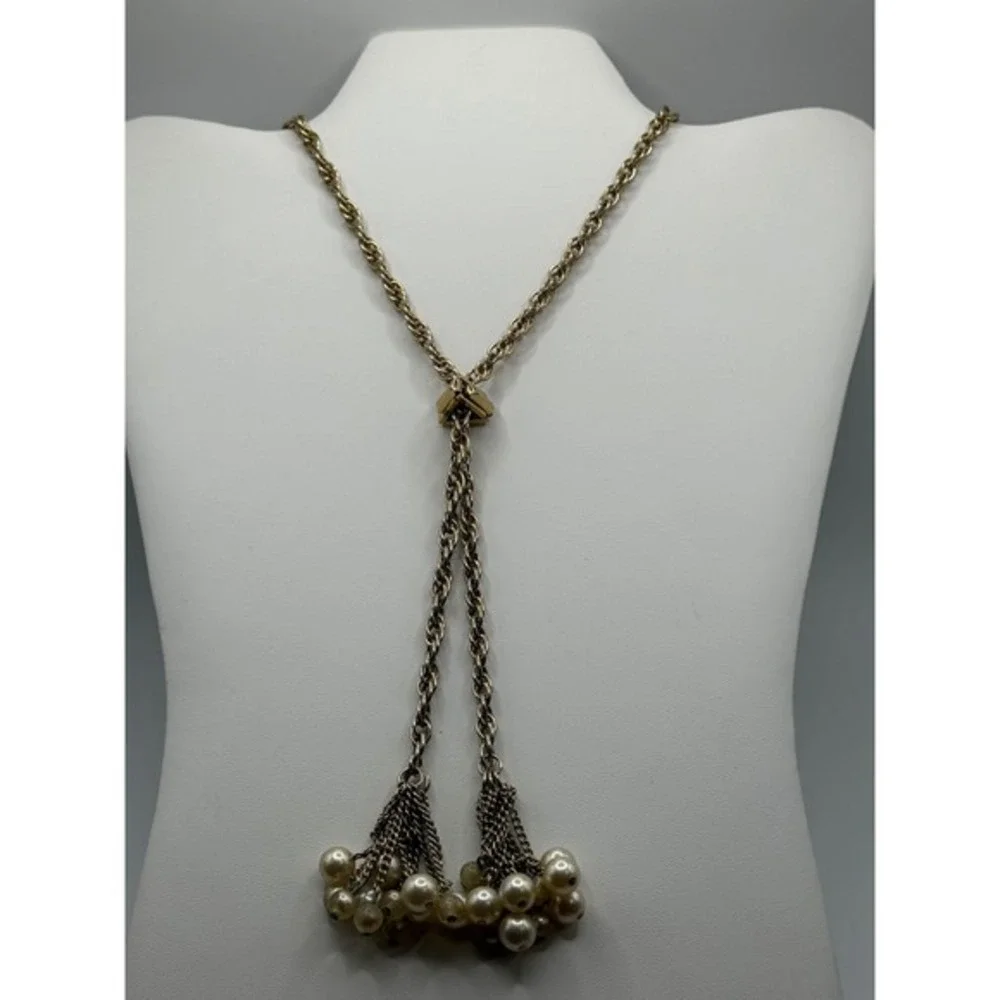 Vintage Gold Tone Lariat Necklace‎ Faux Pearl Tassel Rope Chain Y-Drop Jewelry